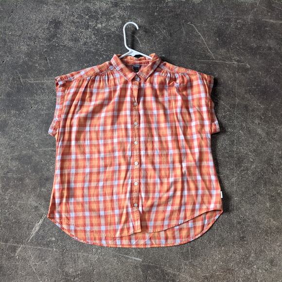 Eddie Bauer Gingham Summer Top Women M Orange Button Up Cap Sleeve Blouse - Picture 1 of 9